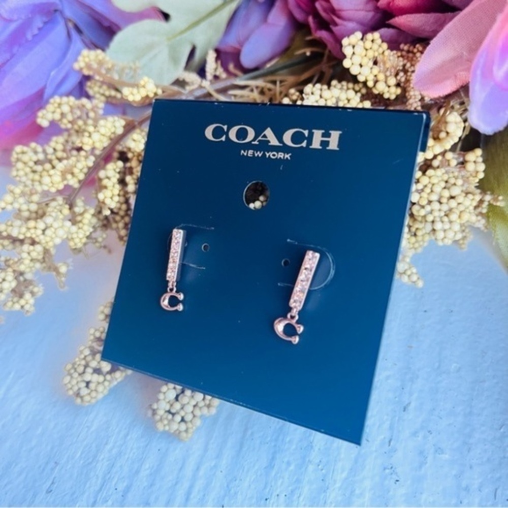 Coach Rose Gold Bar Stud Earrings Pavé Crystal Logo Drop NWT